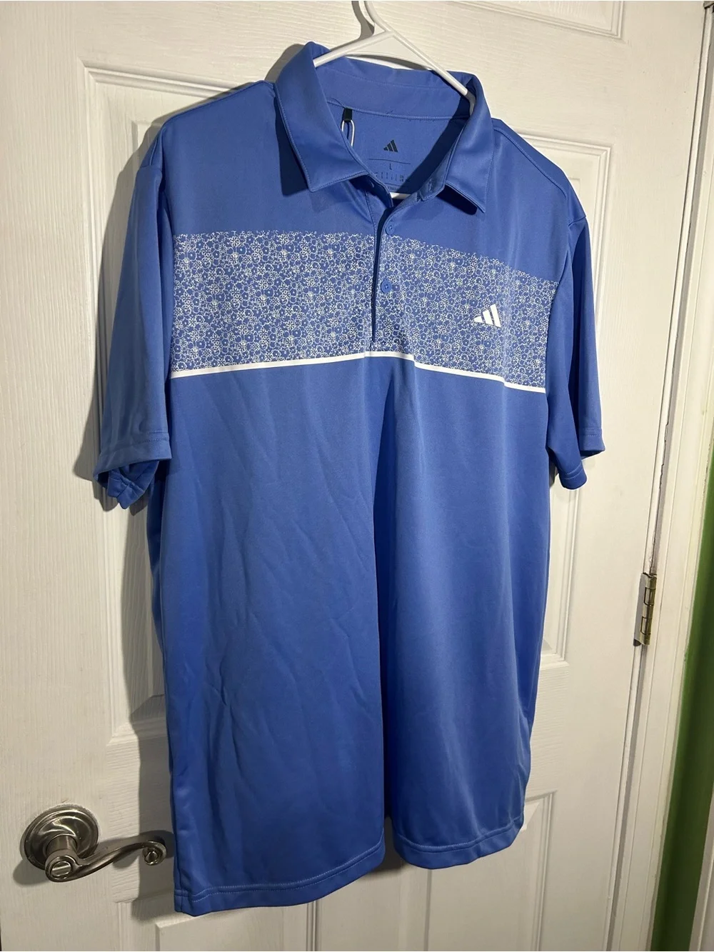 Adidas Men's Stretch Short Sleeve Chest Print Golf Polo Shirt Large Blue White